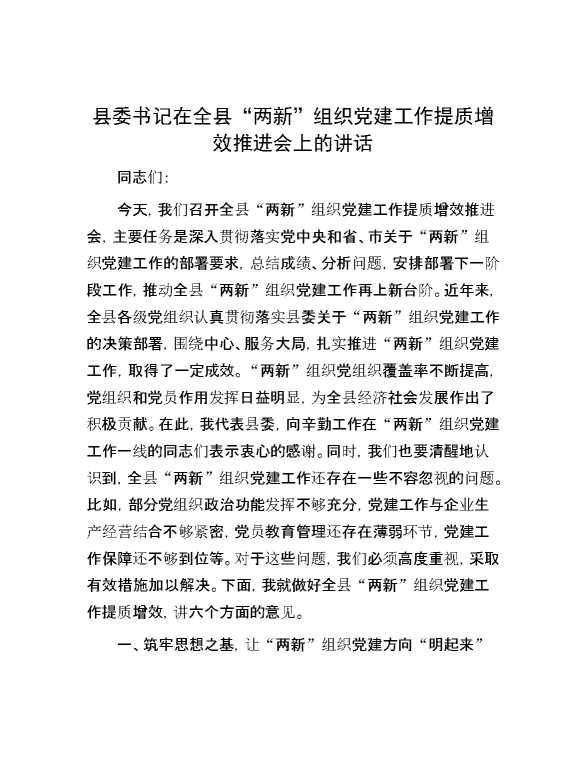 县委书记在全县“两新”组织党建工作提质增效推进会上的讲话
