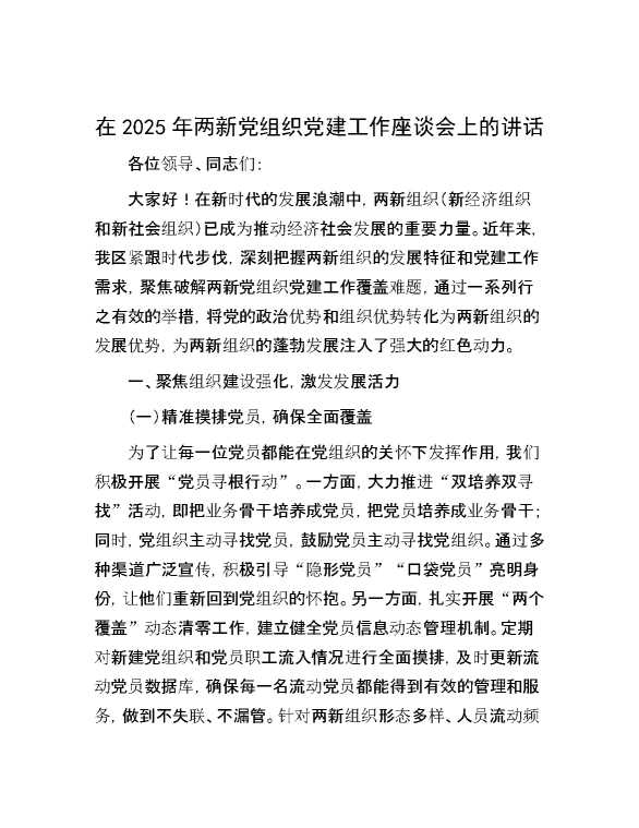 在2025年两新党组织党建工作座谈会上的讲话
